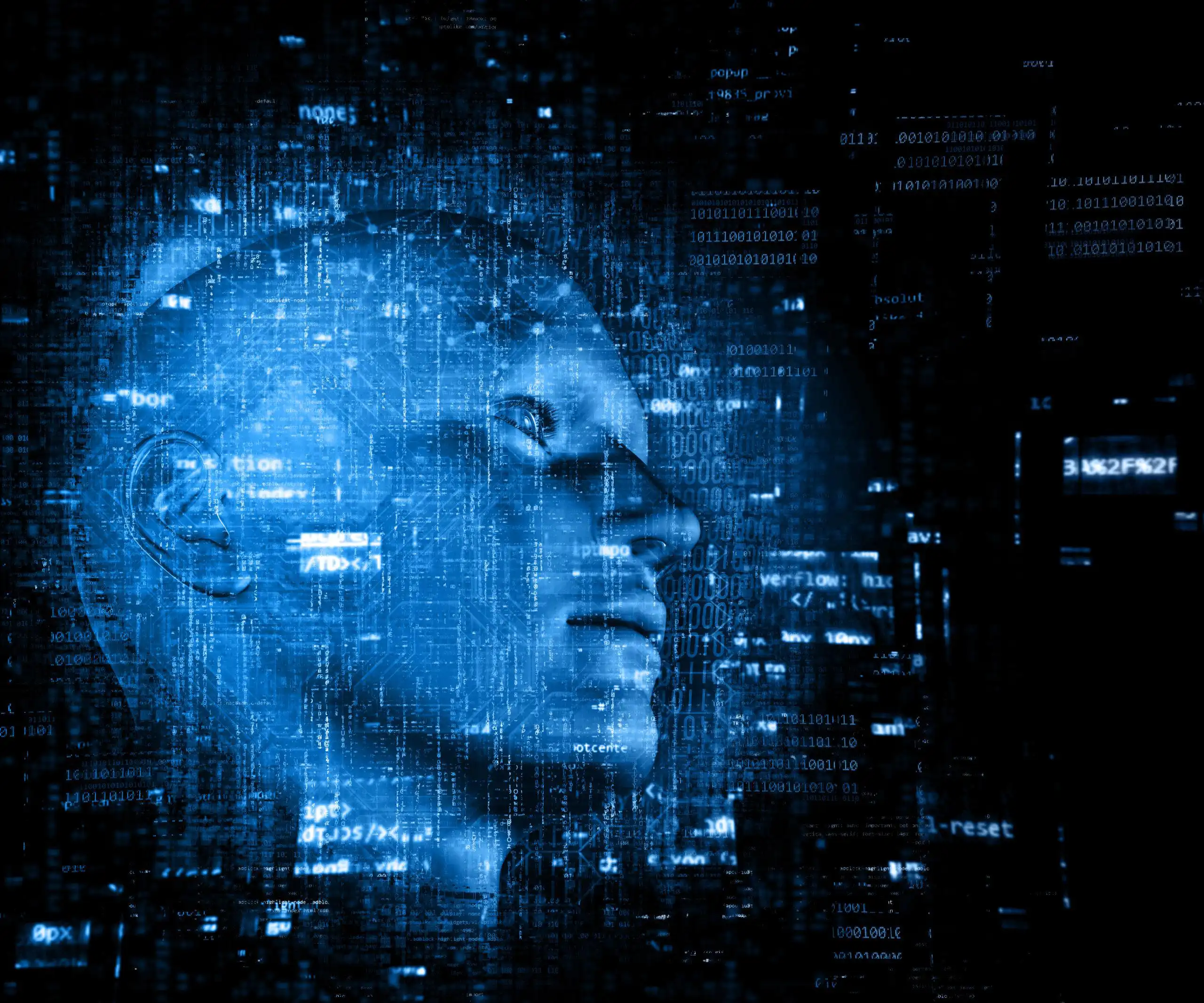 3D render of a technology background with code over male head